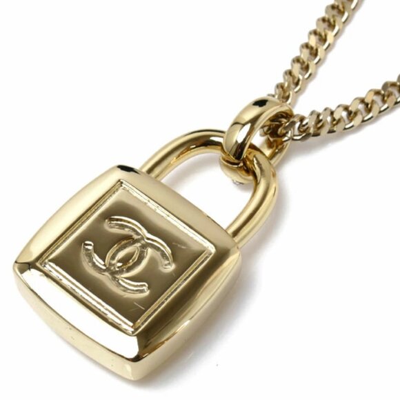 CHANEL CC Logos Rhinestone Padlock Long Chain Necklace 32" Gold Tone - Picture 4 of 7